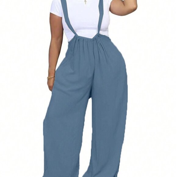 Baby Blue Casual Women's Summer Solid Color Back Knot Loose Jumpsuit - Picture 4 of 4